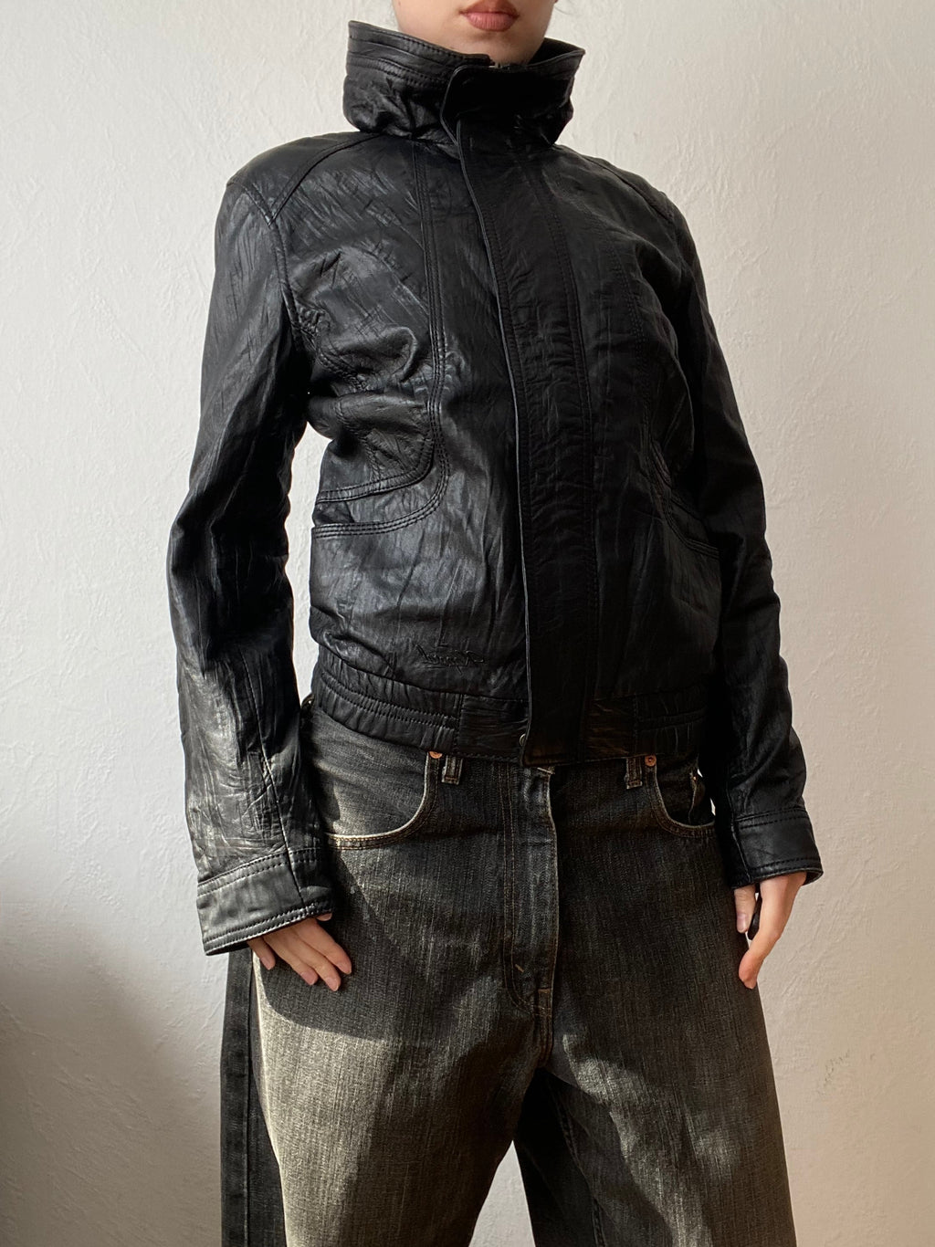 Vintage genuine leather Kaporal short bomber jacket high neck in between seasons