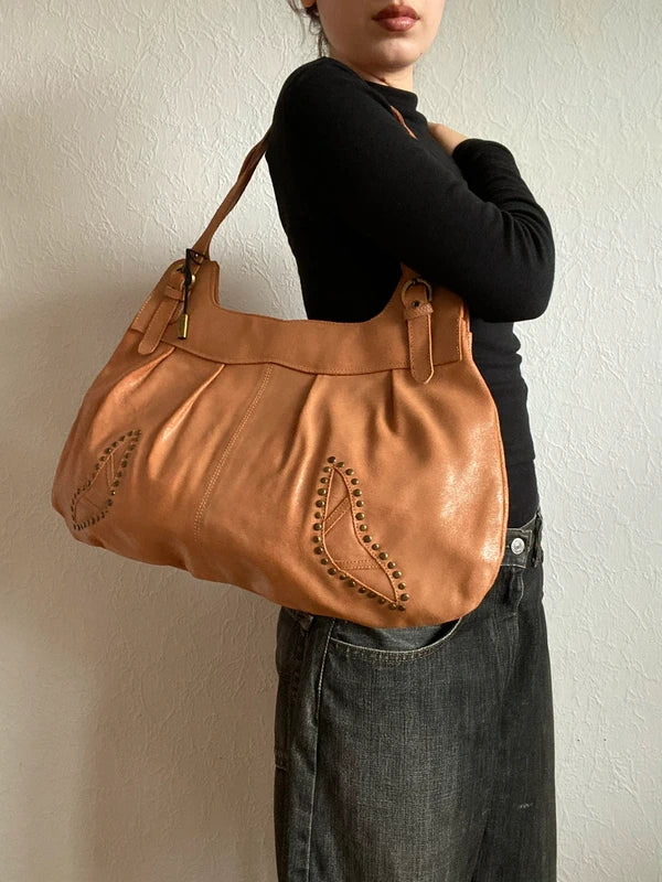 Vintage High quality genuine leather large studded Handbag