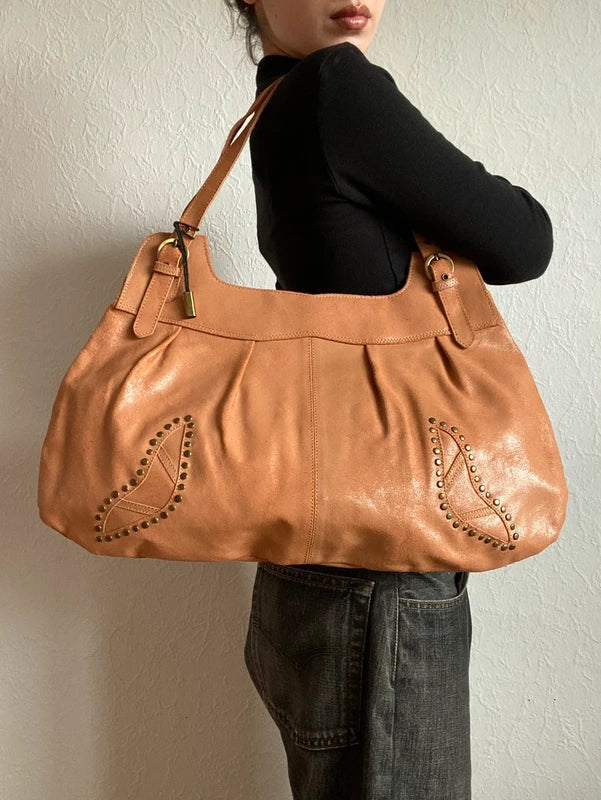 Vintage High quality genuine leather large studded Handbag