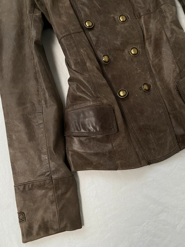 Vintage genuine leather napoleon jacket double buttoned