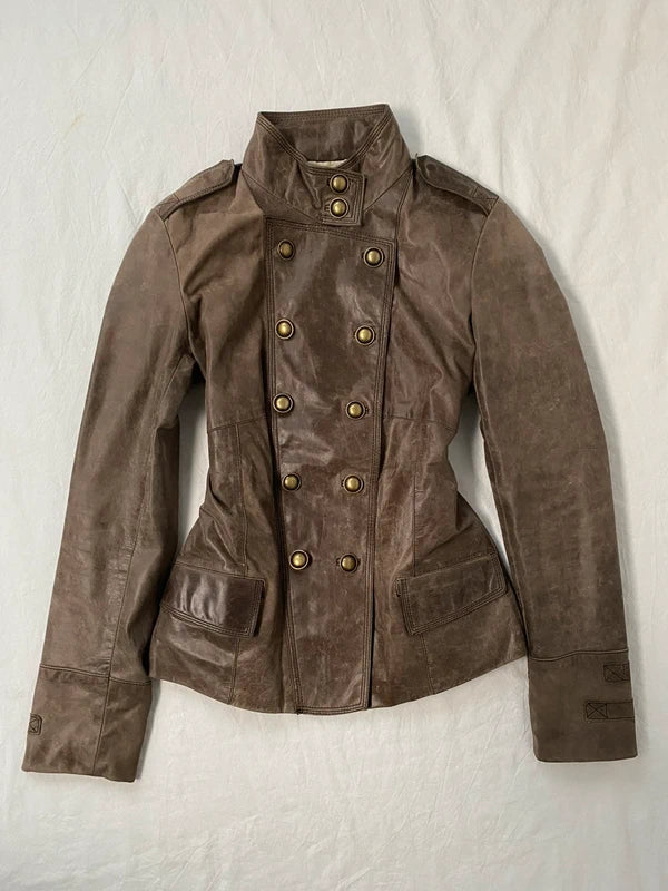 Vintage genuine leather napoleon jacket double buttoned