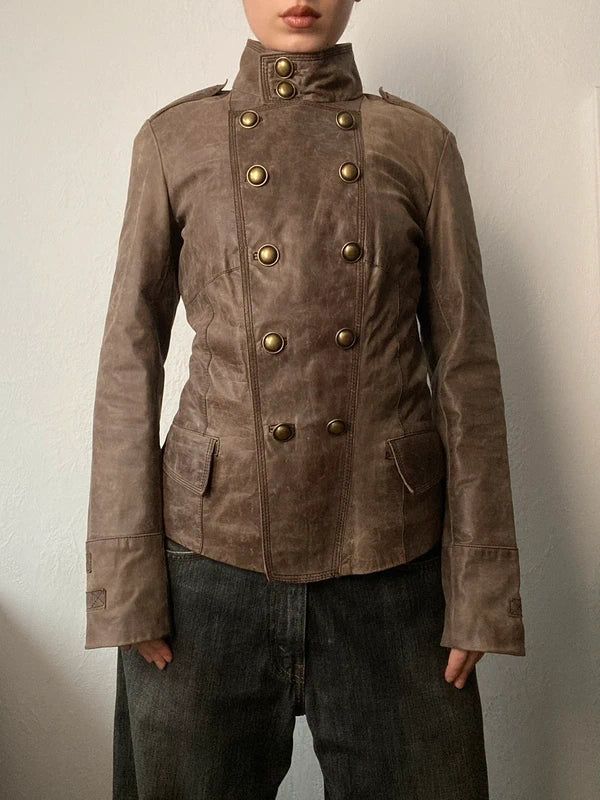 Vintage genuine leather napoleon jacket double buttoned