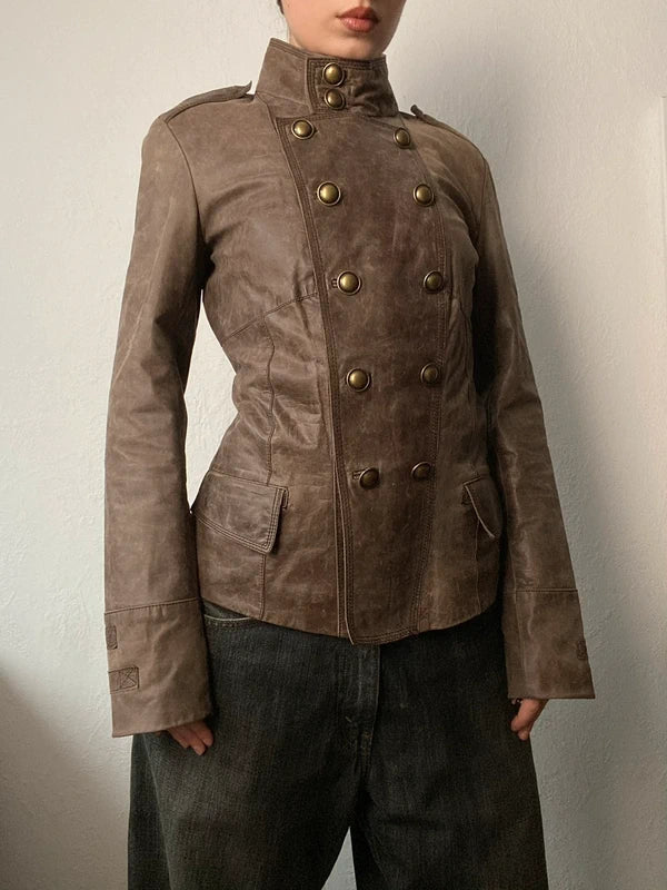 Vintage genuine leather napoleon jacket double buttoned
