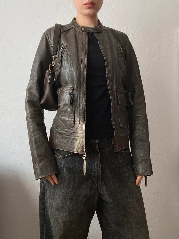 Vintage genuine leather biker jacket high quality