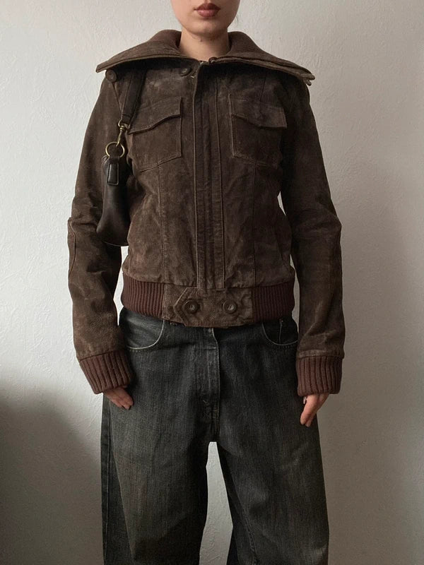 Vintage genuine suede leather jacket high neck