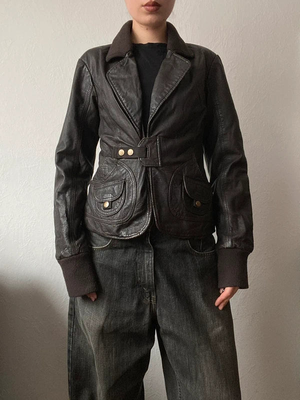 Vintage genuine leather high quality short blazer spring summer