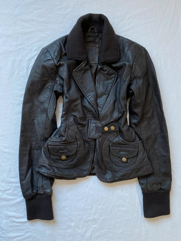 Vintage genuine leather high quality short blazer spring summer
