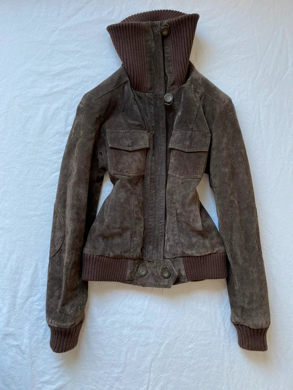 Vintage genuine suede leather jacket high neck