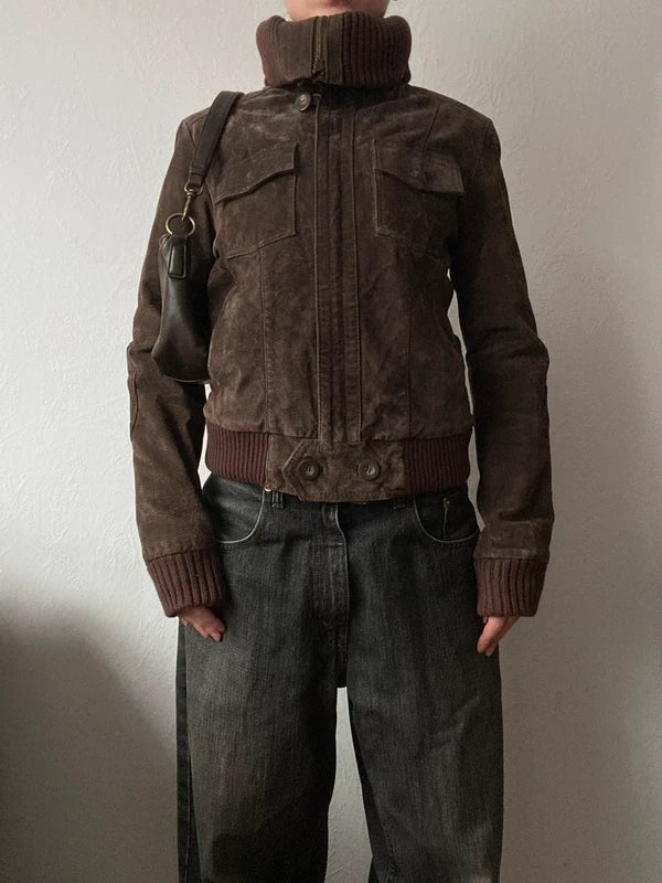 Vintage genuine suede leather jacket high neck