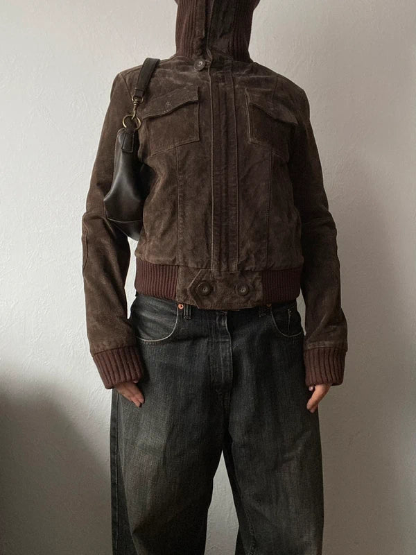 Vintage genuine suede leather jacket high neck