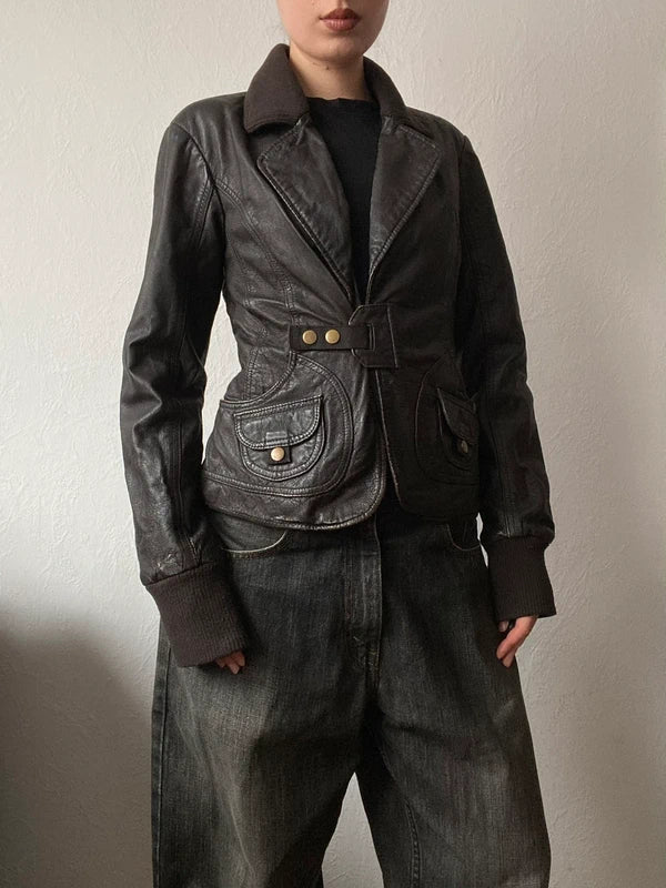 Vintage genuine leather high quality short blazer spring summer