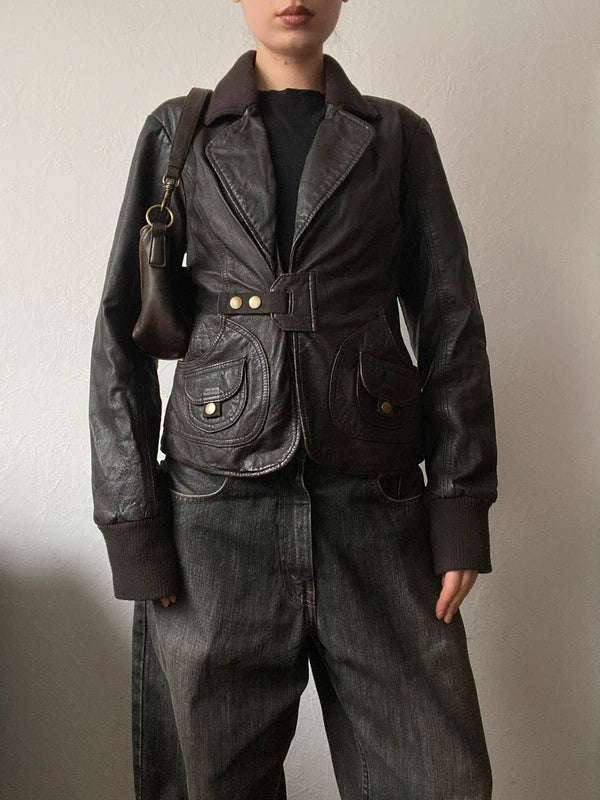 Vintage genuine leather high quality short blazer spring summer
