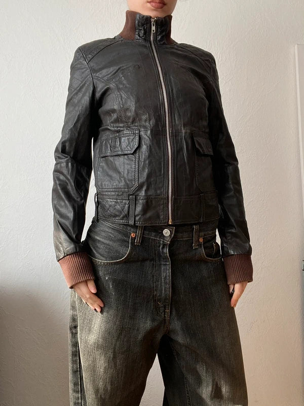 Vintage genuine leather light biker jacket spring summer