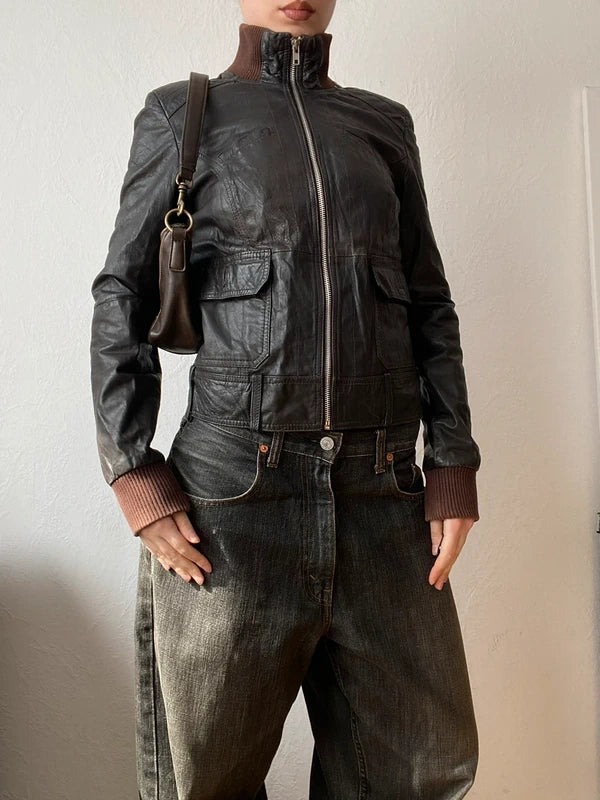 Vintage genuine leather light biker jacket spring summer