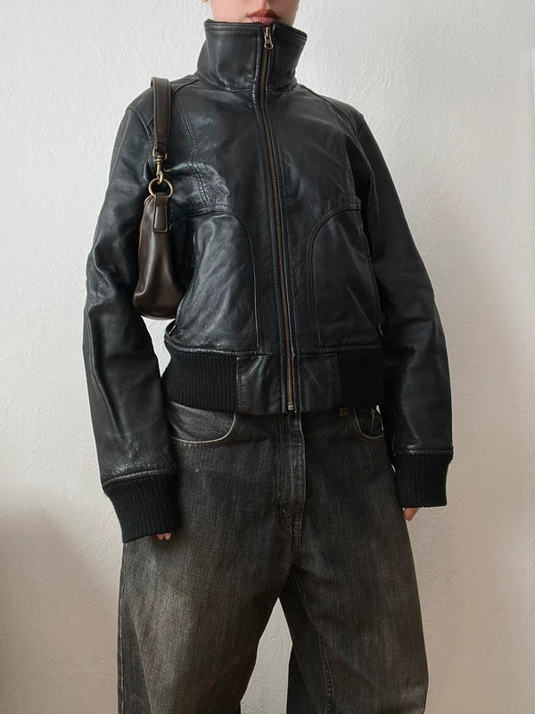 Vintage Genuine Leather High Neck Bomber Jacket – Archive Avantgarde Stockholm Style