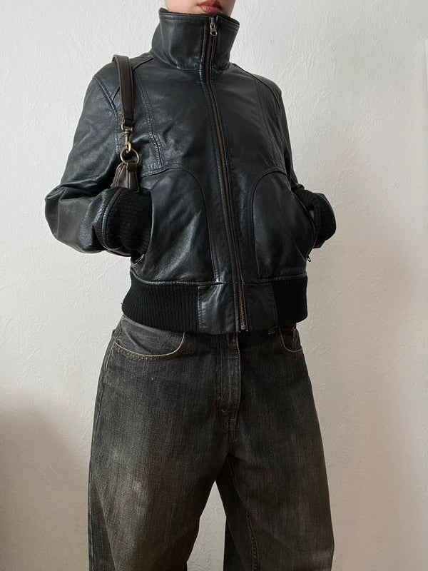 Vintage Genuine Leather High Neck Bomber Jacket – Archive Avantgarde Stockholm Style