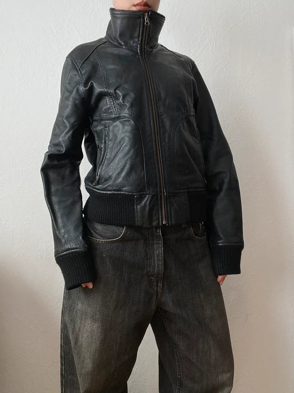 Vintage Genuine Leather High Neck Bomber Jacket – Archive Avantgarde Stockholm Style