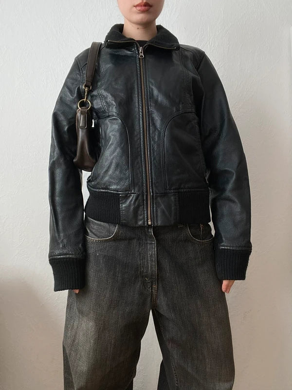 Vintage Genuine Leather High Neck Bomber Jacket – Archive Avantgarde Stockholm Style