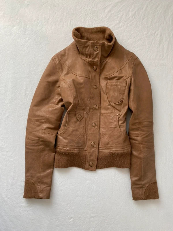 Vintage genuine leather jacket Details high neck