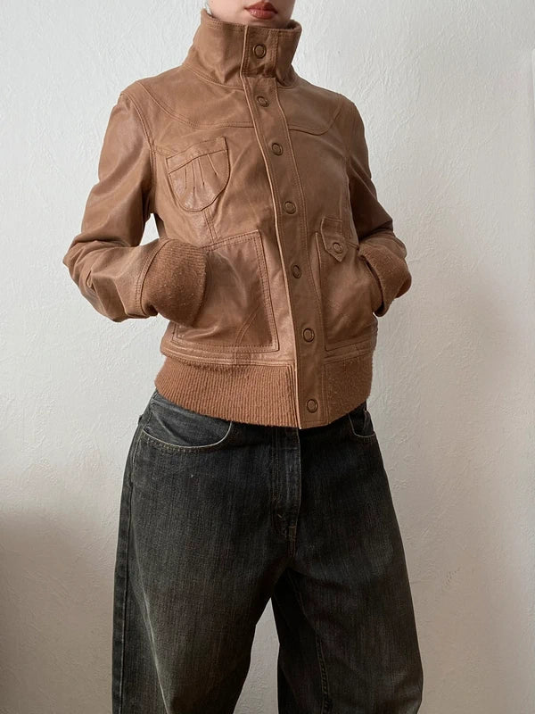 Vintage genuine leather jacket Details high neck