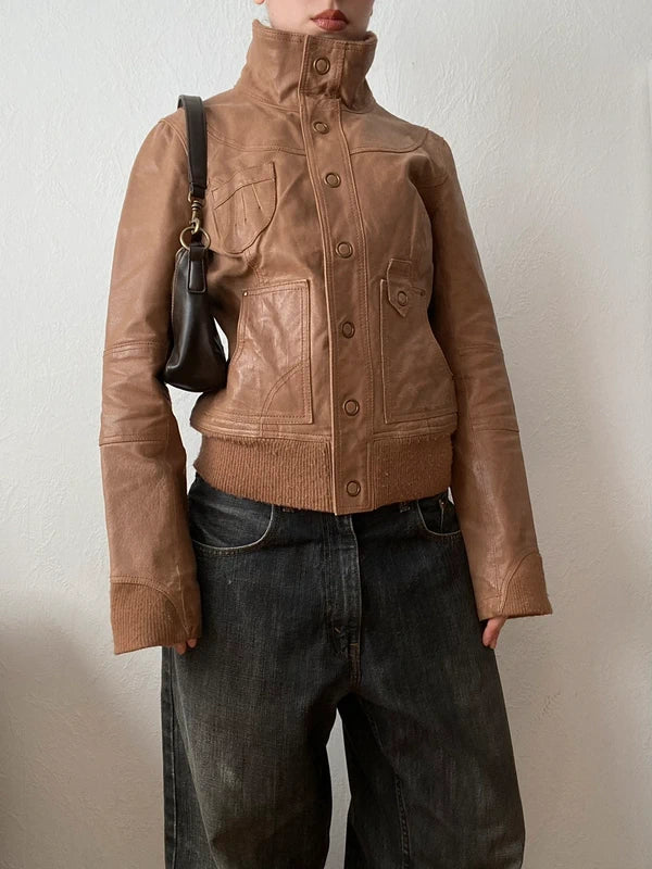 Vintage genuine leather jacket Details high neck