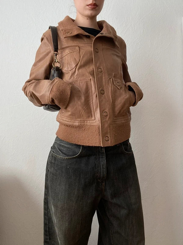 Vintage genuine leather jacket Details high neck