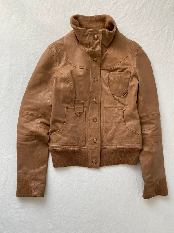 Vintage genuine leather jacket Details high neck