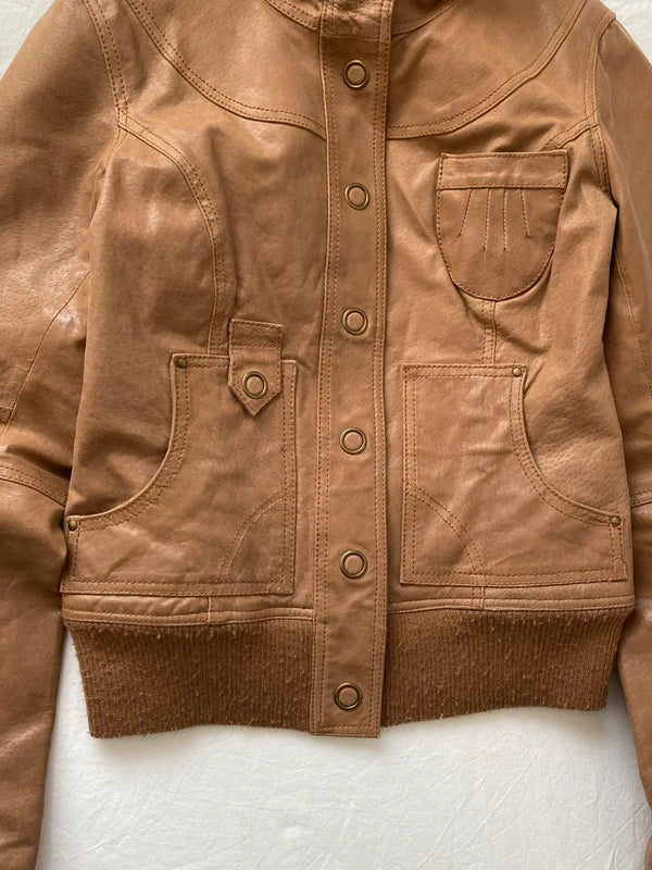 Vintage genuine leather jacket Details high neck