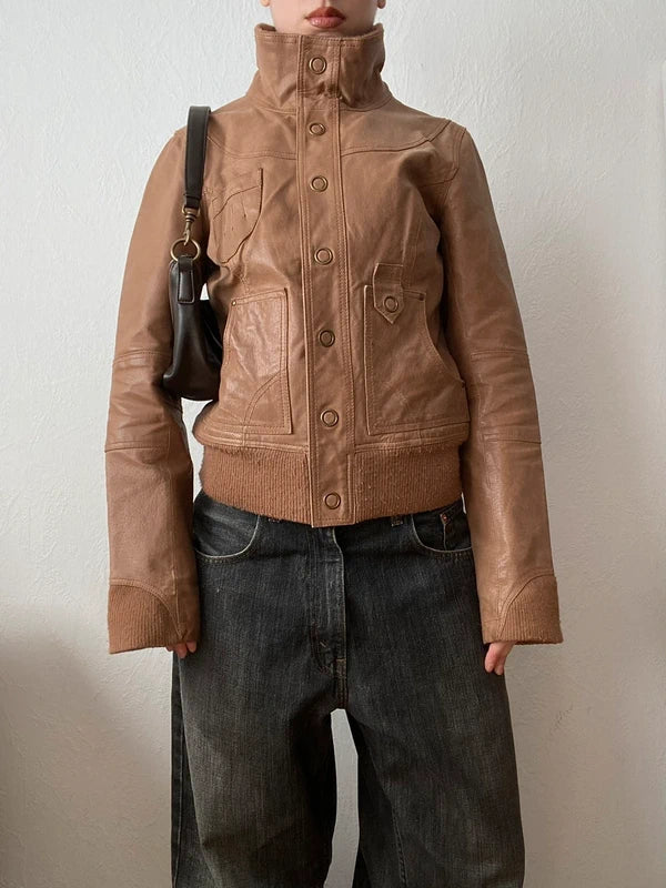 Vintage genuine leather jacket Details high neck
