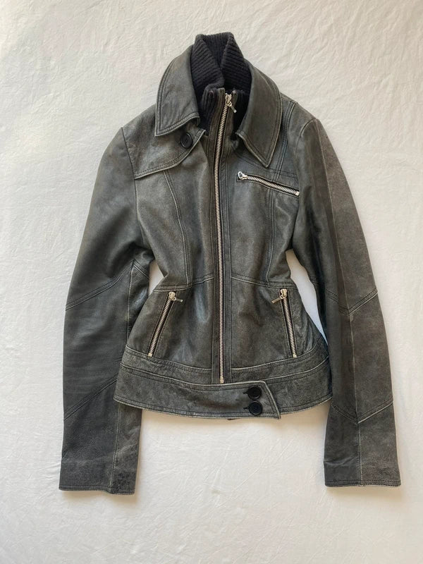 Vintage genuine leather high quality jacket high neck
