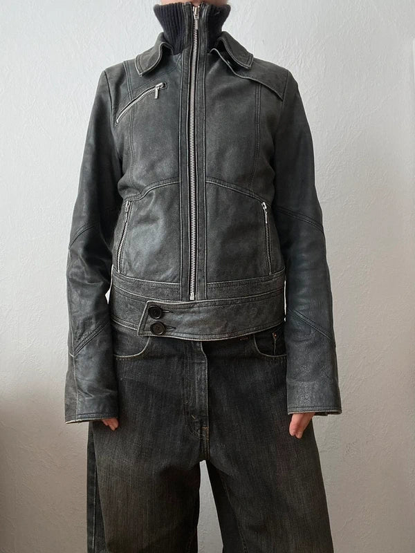 Vintage genuine leather high quality jacket high neck