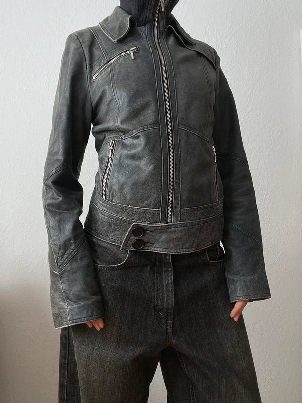 Vintage genuine leather high quality jacket high neck