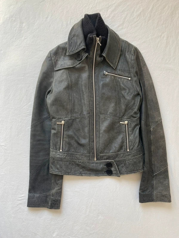 Vintage genuine leather high quality jacket high neck