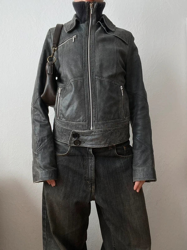 Vintage genuine leather high quality jacket high neck