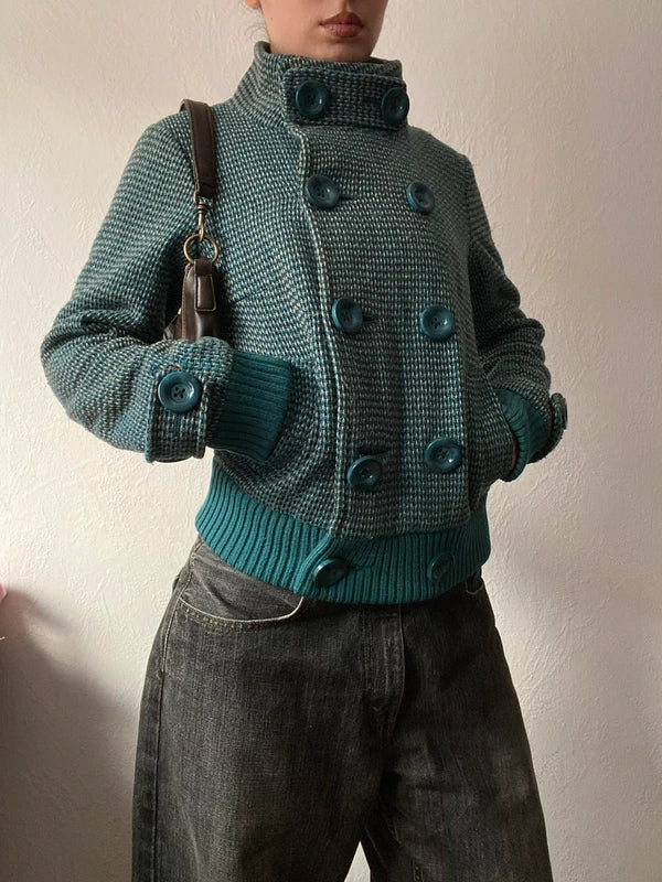 Vintage 50% wool short pea coat teal torques kurz Mantel japandi Stockholm Style bomber