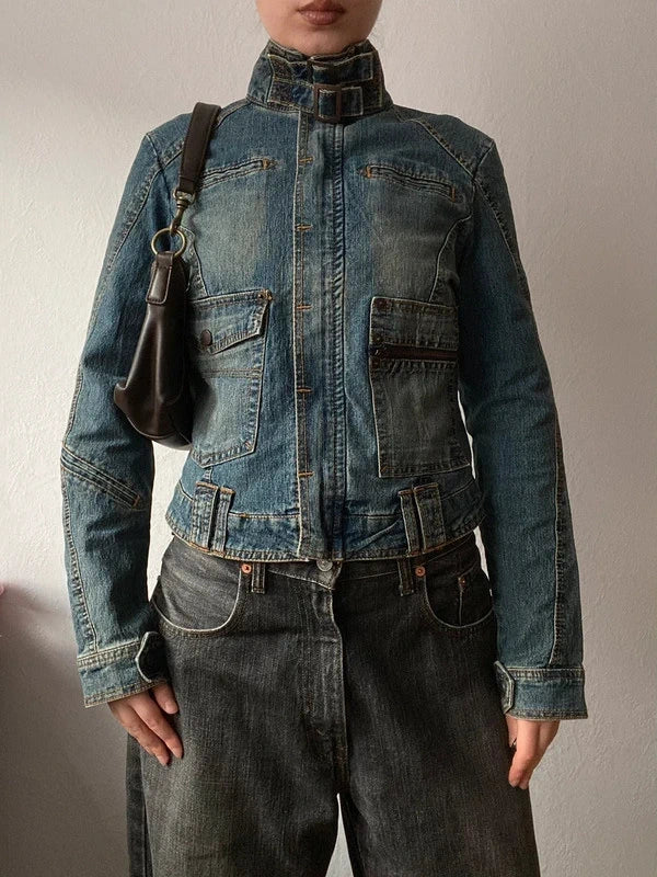 Unique True Vintage Short denim jacket 100% cotton high neck