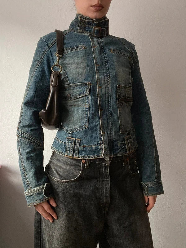 Unique True Vintage Short denim jacket 100% cotton high neck