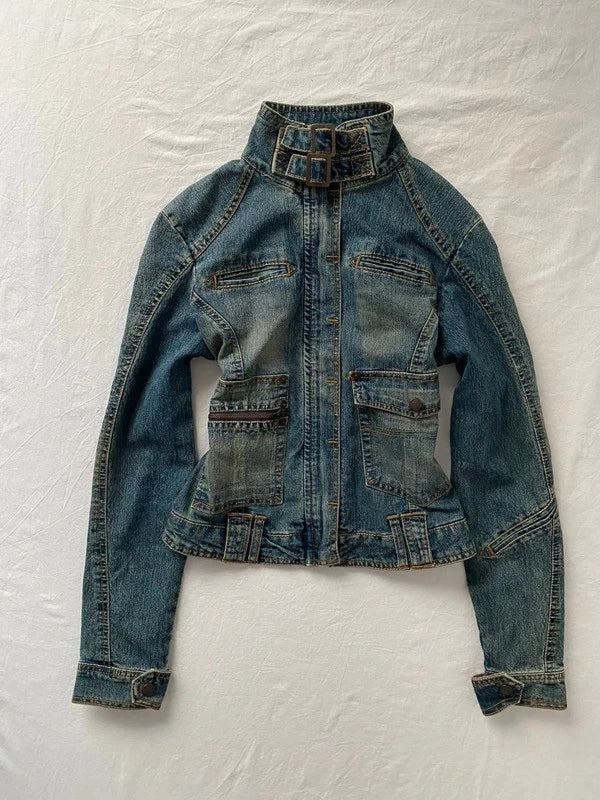 Unique True Vintage Short denim jacket 100% cotton high neck