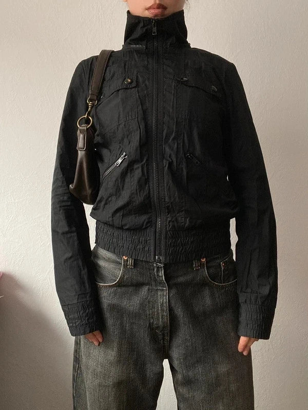 Vintage short bomber jacket high neck buttoned