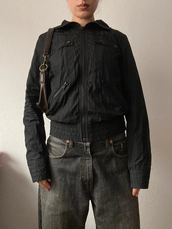 Vintage short bomber jacket high neck buttoned