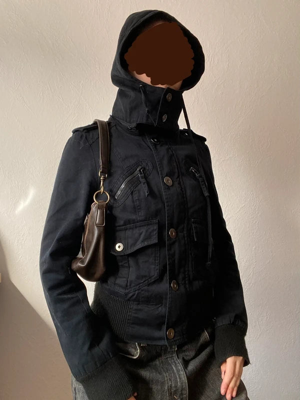 Vintage short light hooded buttoned jacket