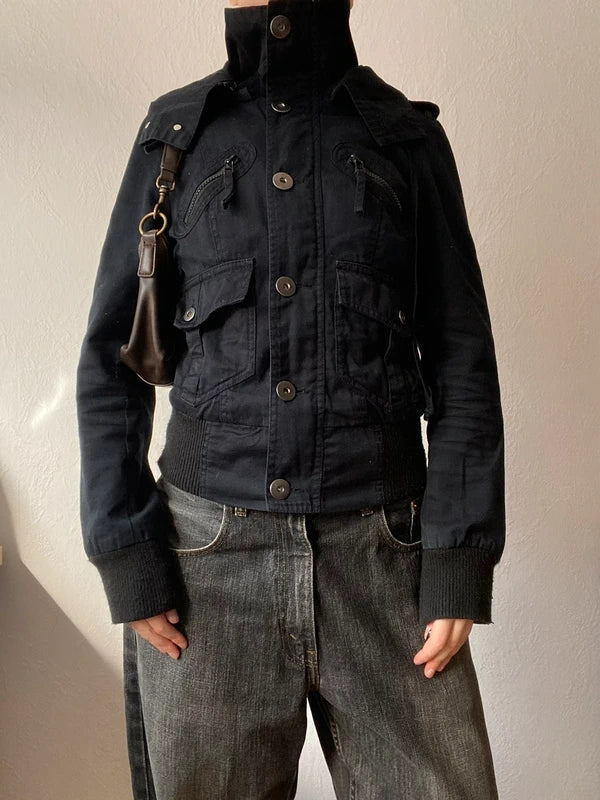 Vintage short light hooded buttoned jacket