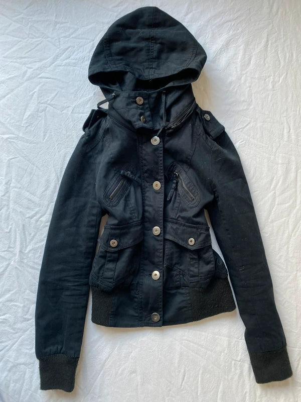 Vintage short light hooded buttoned jacket