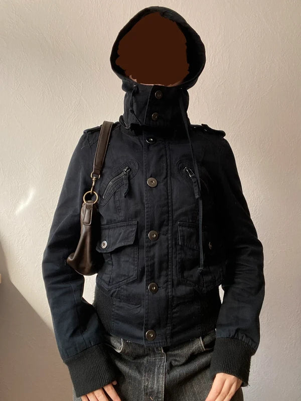 Vintage short light hooded buttoned jacket