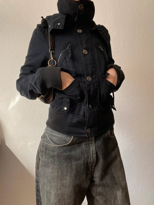Vintage short light hooded buttoned jacket