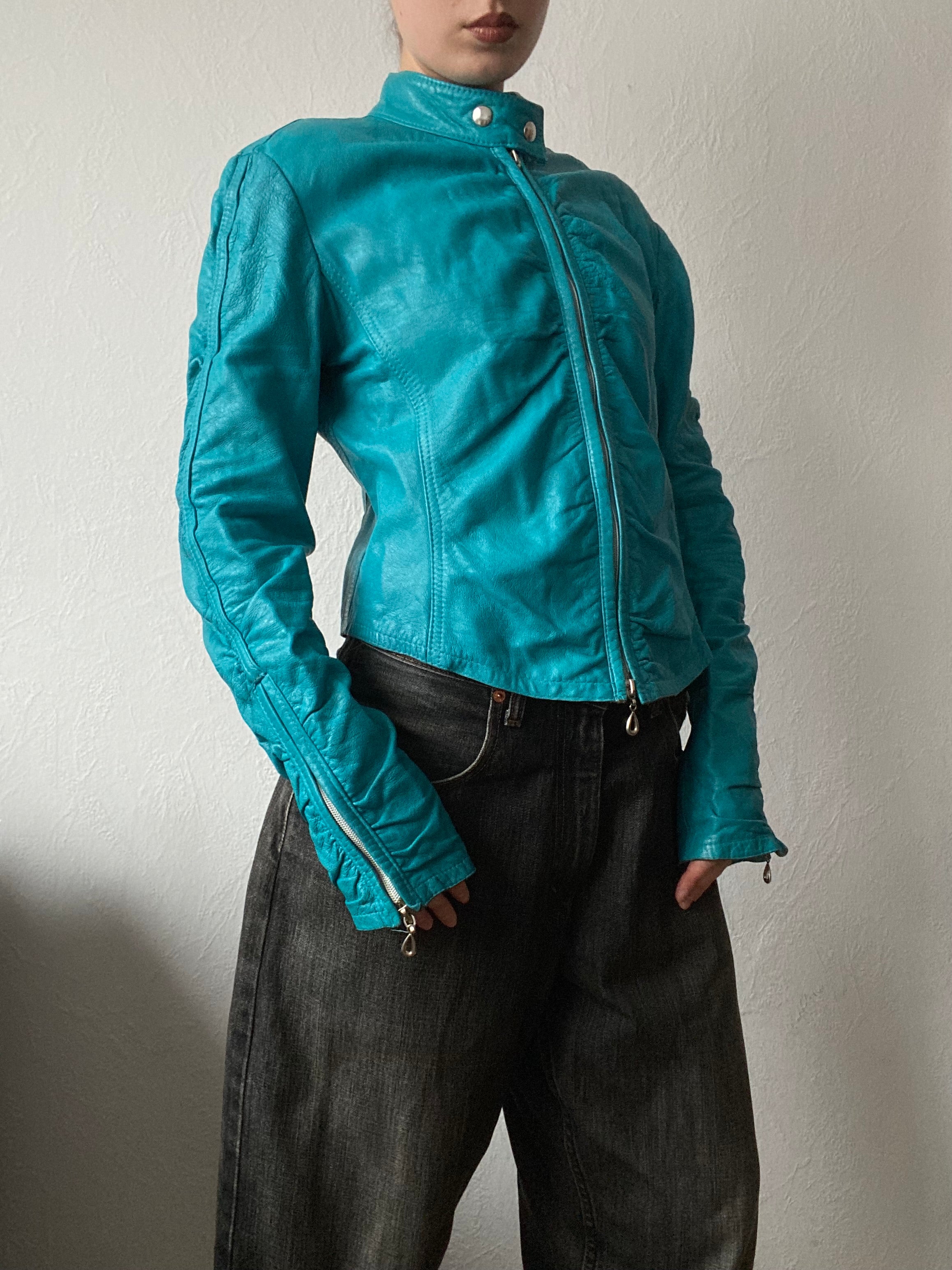 Vintage genuine leather turquoise short biker jacket