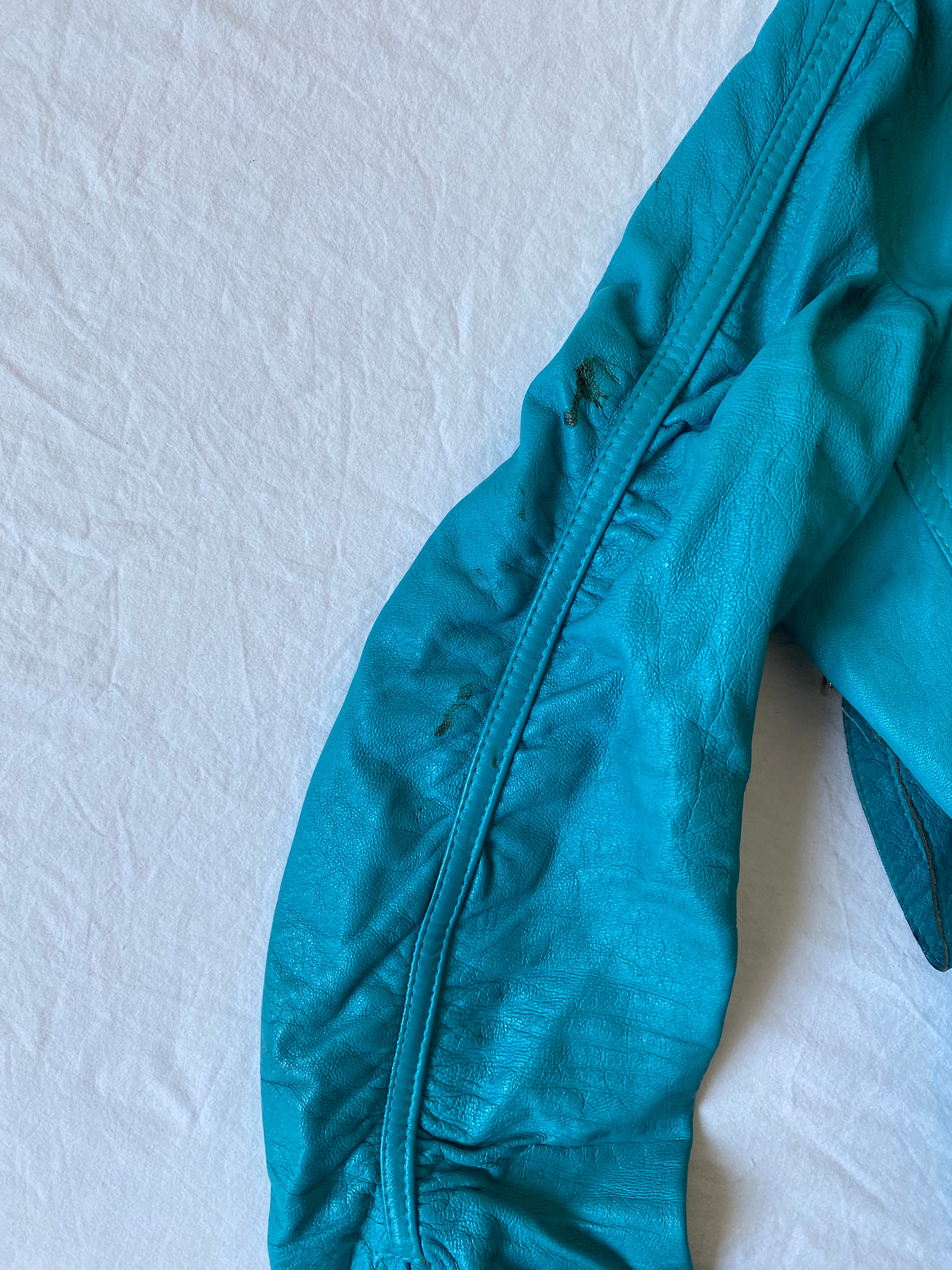 Vintage genuine leather turquoise short biker jacket