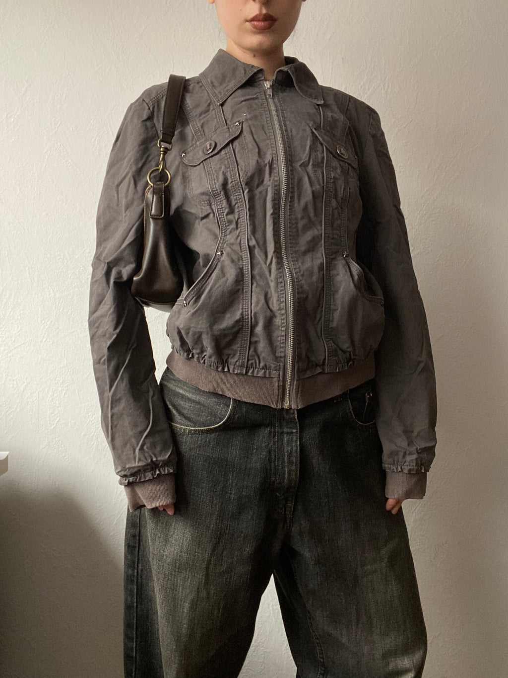 Vintage 100% cotton short bomber jacket taupe