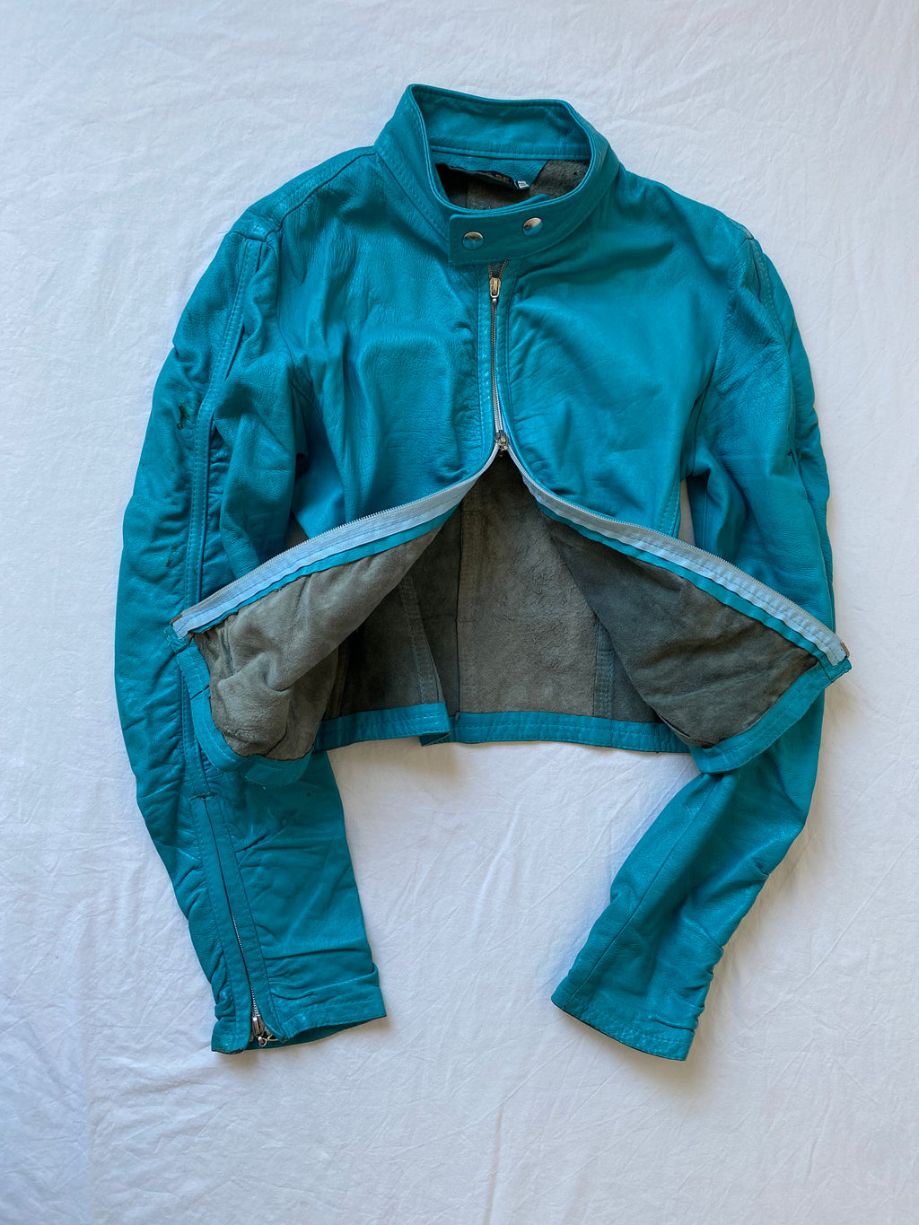 Vintage genuine leather turquoise short biker jacket