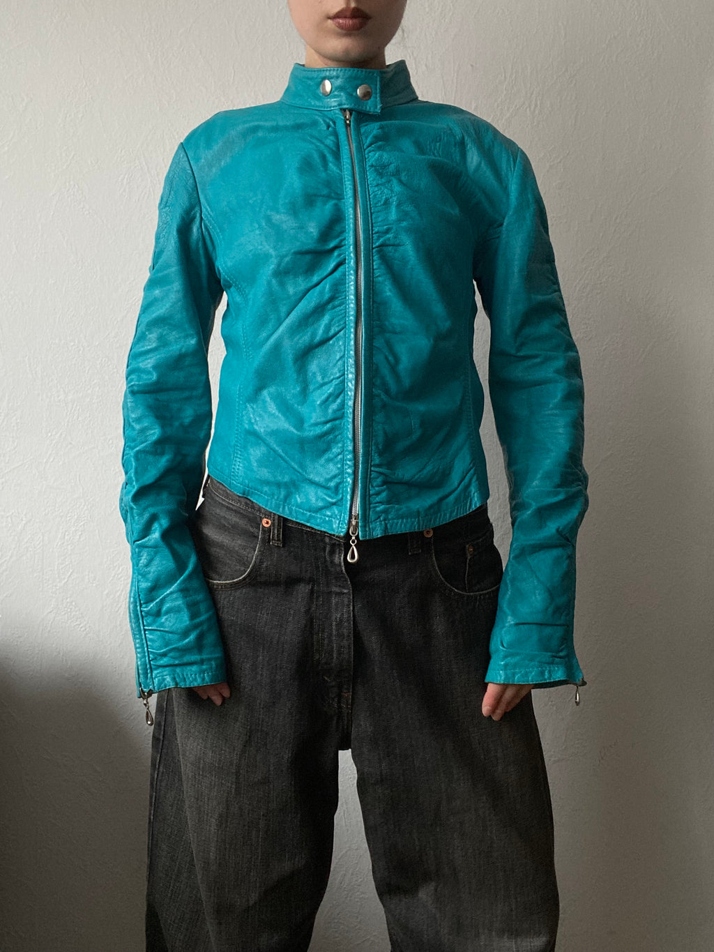 Vintage genuine leather turquoise short biker jacket